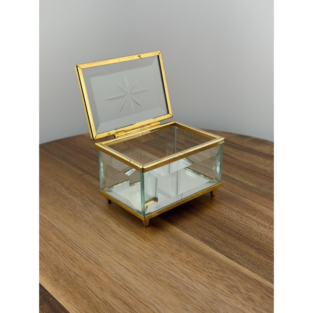 Vintage Beveled Glass Trinket Box Starburst Jewelry Box Brass Trim Pointed Feet - Picture 3 of 17